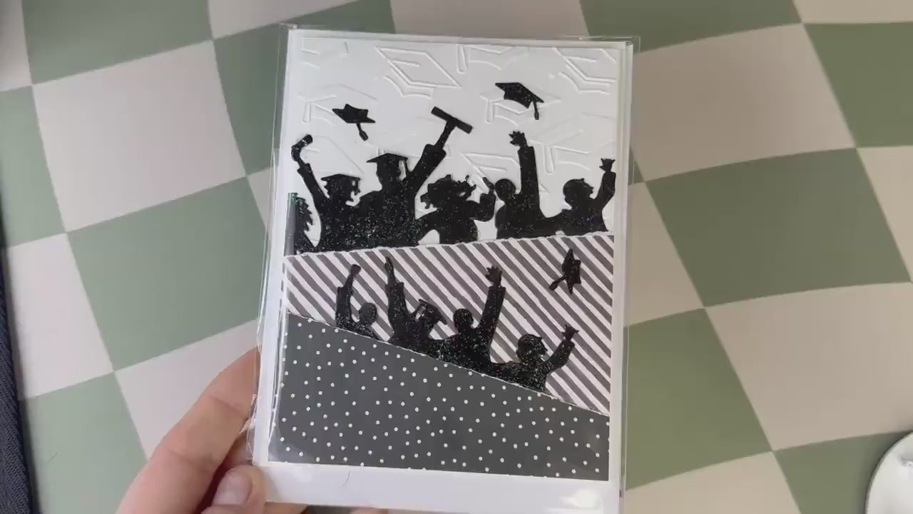 Handmade Graduation Card – Black Glitter Silhouettes, Embossed Cap Texture