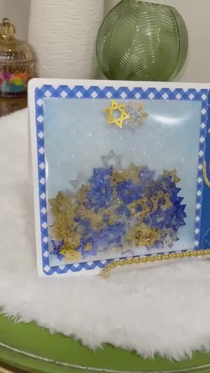 Handmade Hanukkah Shaker Card, Star of David Confetti, Blue Gingham Greeting, Glitter Menorah Dreidel