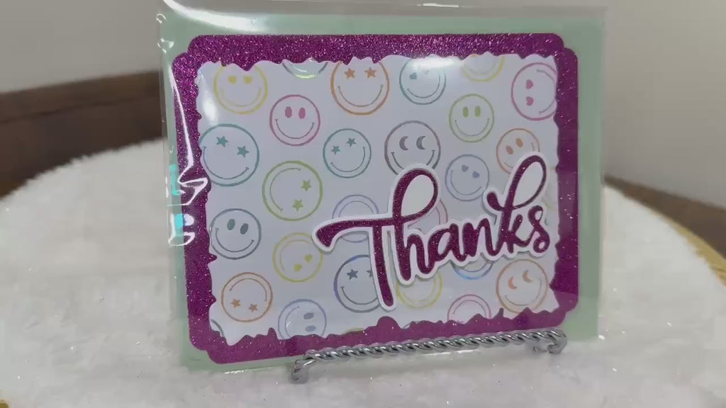 Handmade Purple Glitter Thank You Card | Smiley Face Greeting Card
