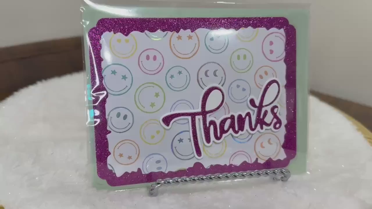 Handmade Purple Glitter Thank You Card | Smiley Face Greeting Card