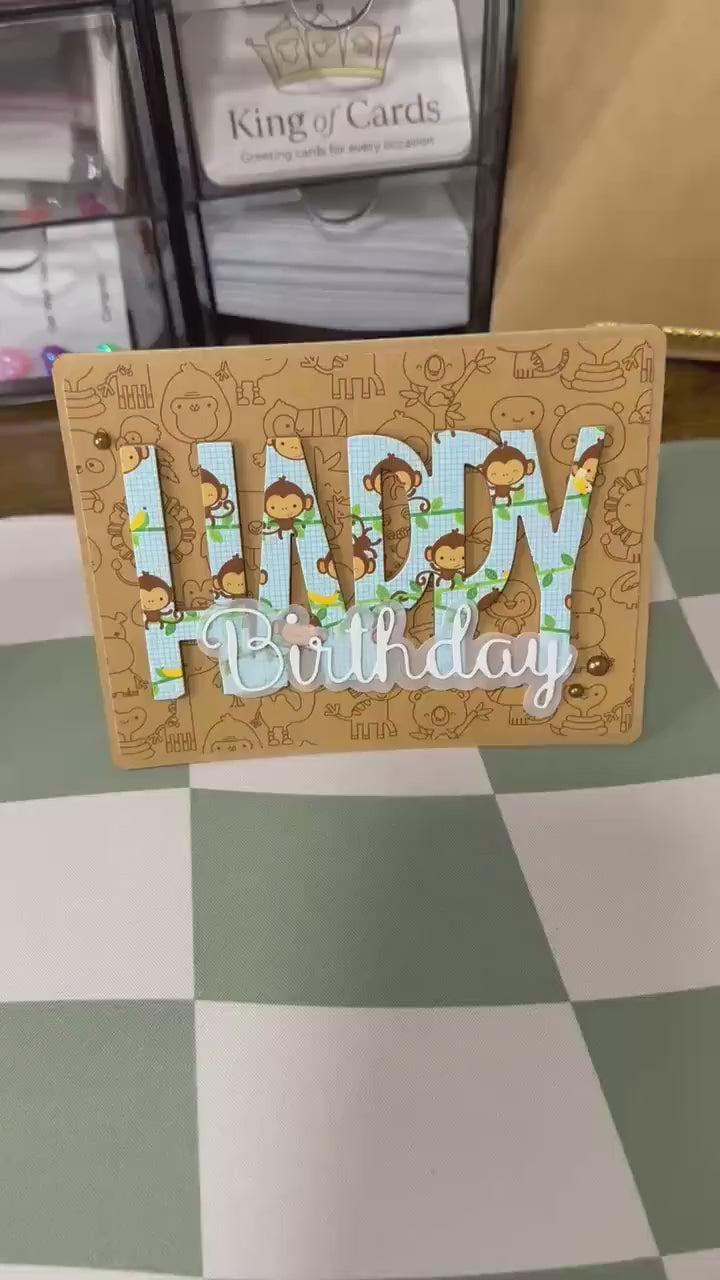 Handmade Monkey Birthday Card – A2 Jungle Animal Greeting Card with Kraft Envelope